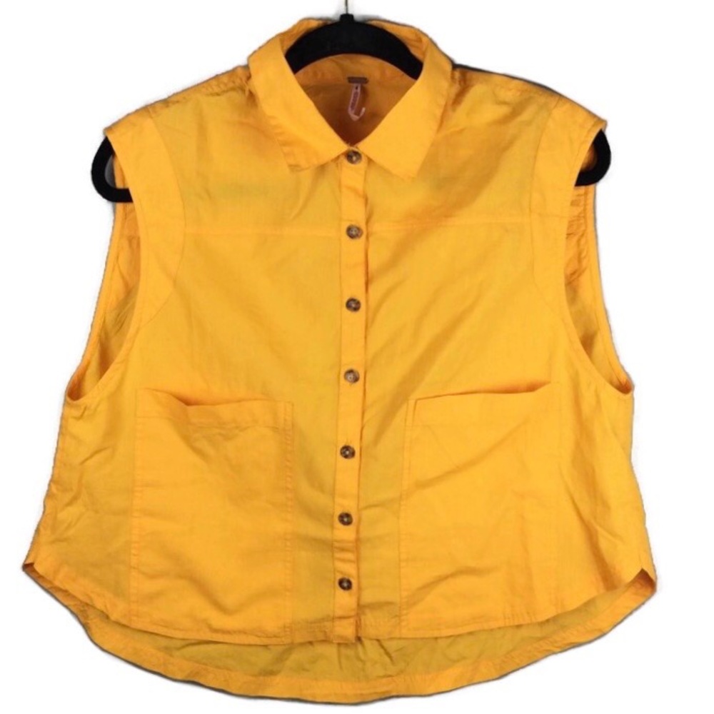 Free People Oversized Sleeveless Button Front Patch Pocket Yellow Top Size Small